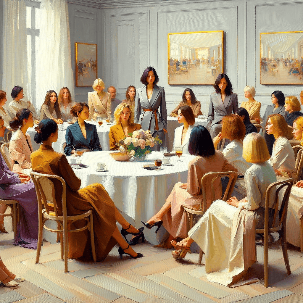Image représentant une discussion de salon entre collectionneuses d'oeuvre d'art