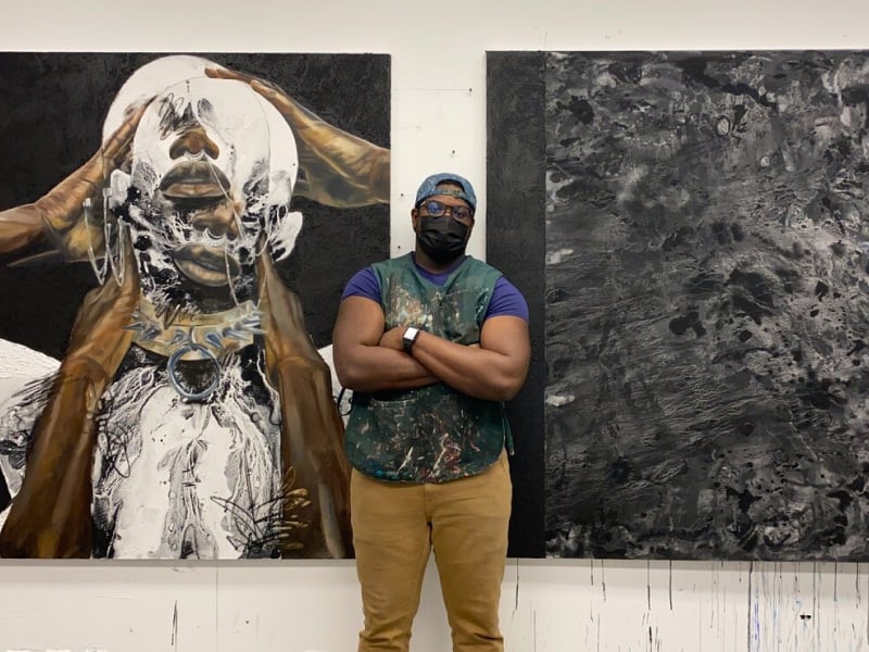 Emerging artist Khari Turner in front of her painting _Black Alternative 2_, 2021